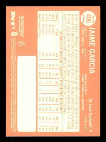 Baseball card back of 2013 Topps Heritage #406 Jaime Garcia with original gloss finish