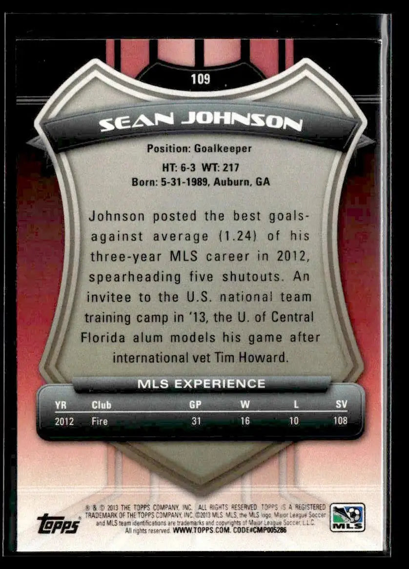 Soccer trading card of Sean Johnson from 2013 Topps MLS series