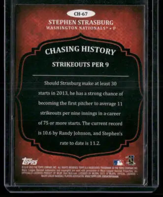 2013 Topps Stephen Strasburg Chasing History Silver Foil Baseball card for collectors