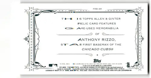 White baseball trading card with decorative borders featuring Anthony Rizzo relics and original gloss