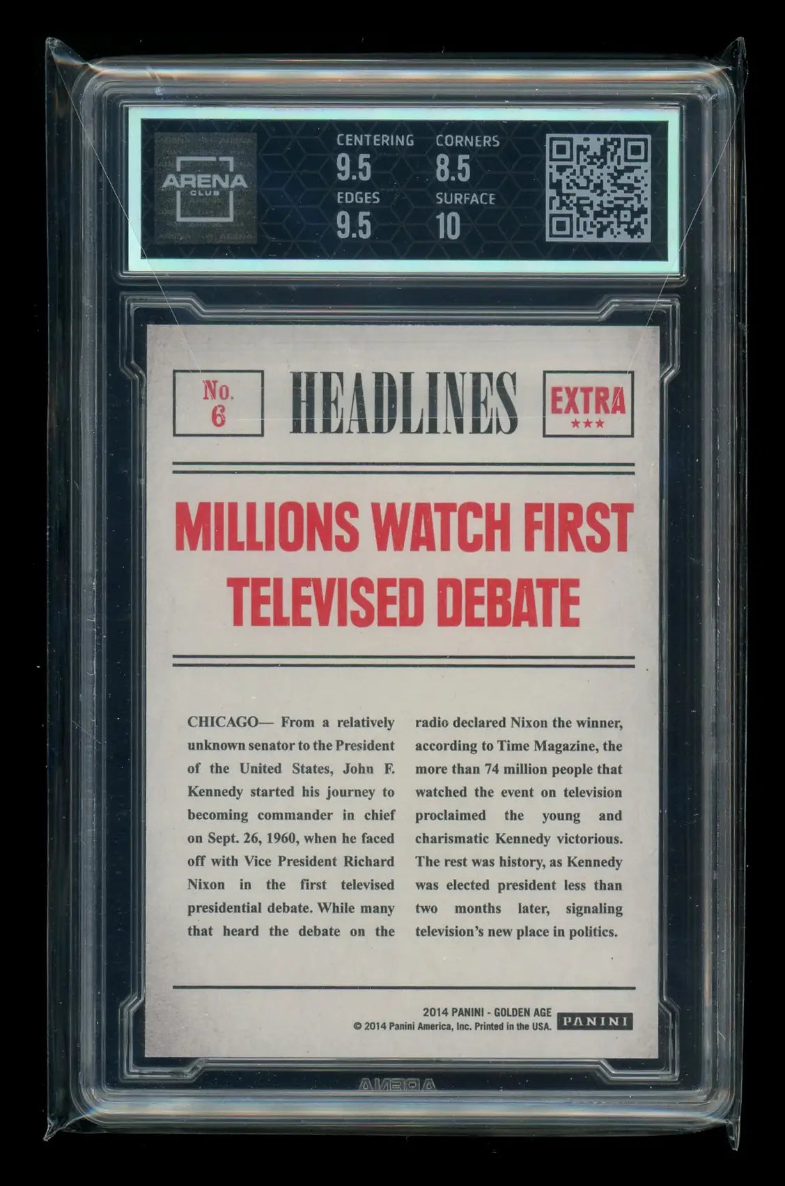 Graded Panini Golden Age Headlines John F Kennedy collectible card with newspaper-style headline