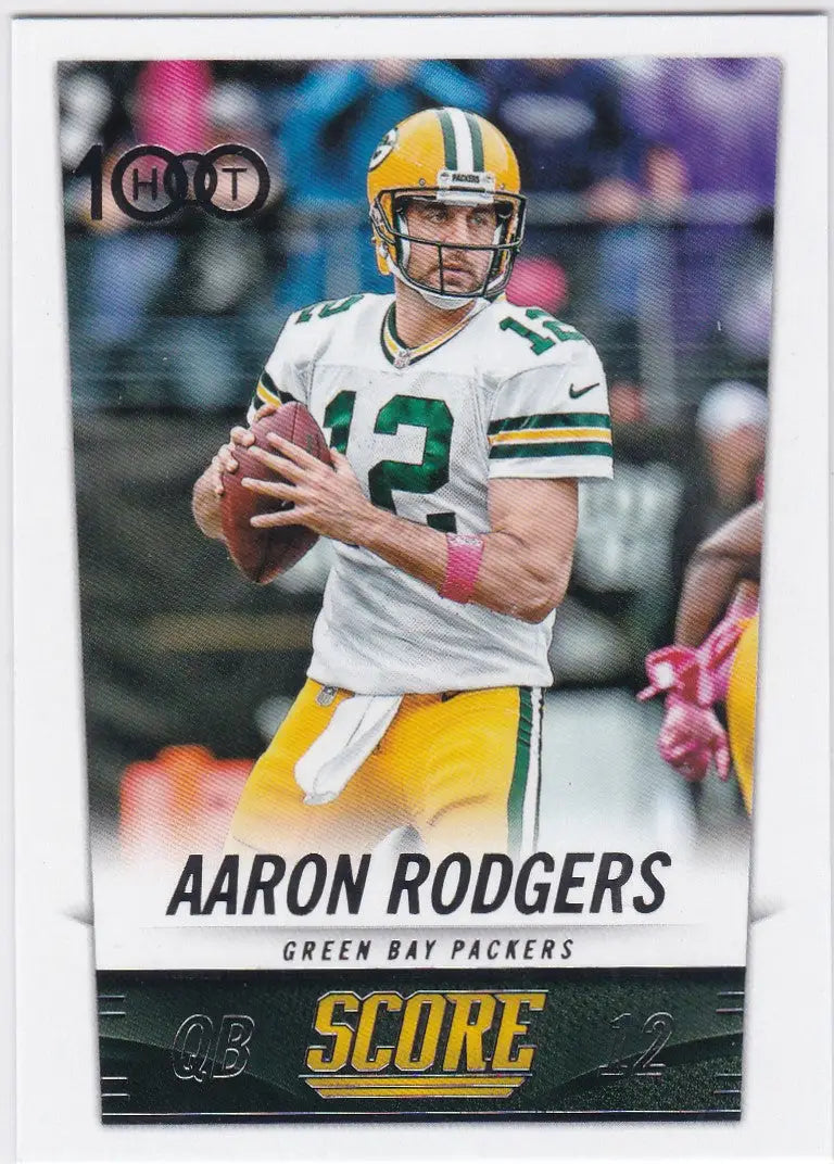 Football trading card of Aaron Rodgers Hot 100 for Green Bay Packers in white jersey