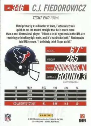 C.J. Fiedorowicz 2014 Score Rookies NM-MT RC football card with original gloss finish