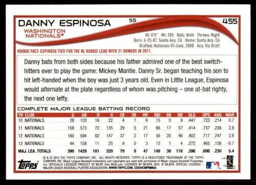 2014 Topps #455 Danny Espinosa NM-MT Nationals ID:70867 - Trading Cards