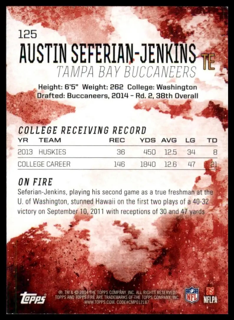 2014 Topps Fire Rookie Austin Seferian Jenkins #125 Tampa Bay Buccaneers Card - Football Card