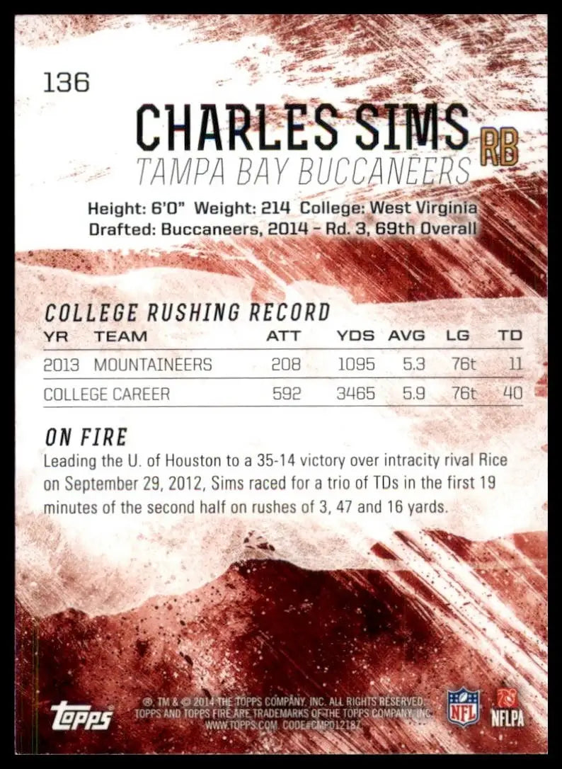 Back of 2014 Topps Fire Rookie Charles Sims Tampa Bay Buccaneers football card