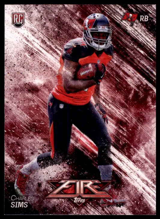 Football card featuring Charles Sims in Tampa Bay Buccaneers uniform from 2014 Topps Fire Rookie series