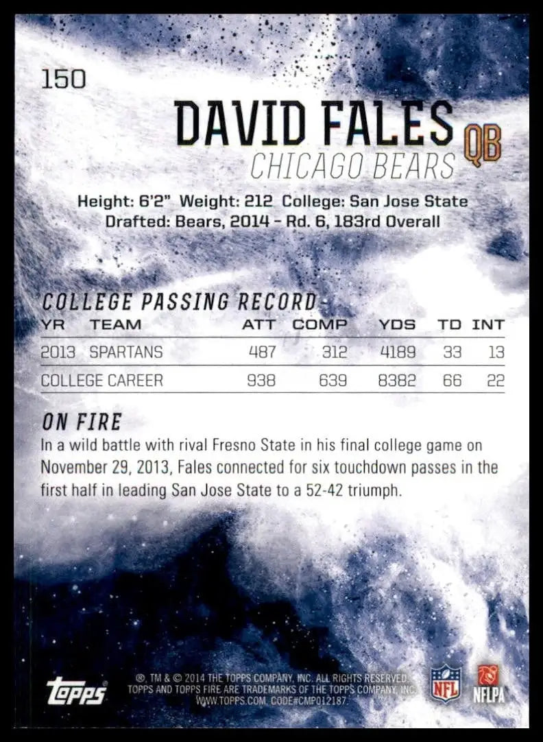 Back of a David Fales Chicago Bears football card from 2014 Topps Fire Rookie series