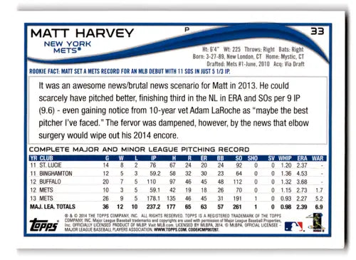 2014 Topps Red Foil #33 Matt Harvey NM-MT Mets ID:70756 - Trading Cards