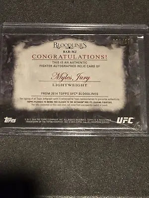 Myles Jury autographed relic card from 2014 Topps UFC Bloodlines series