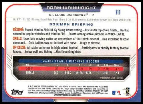Baseball card back of 2015 Bowman #111 Adam Wainwright featuring original gloss