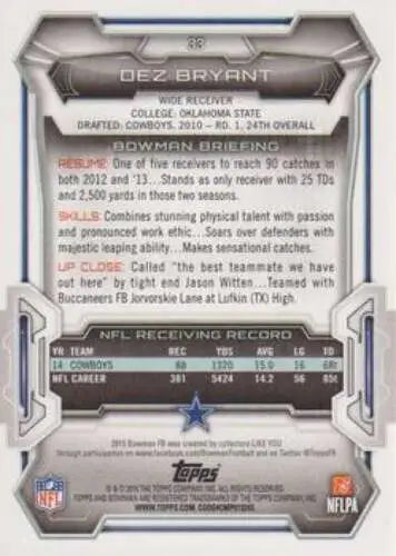 Dez Bryant football card 2015 Bowman #33 with original gloss NM-MT Cowboys Simply Sandoval