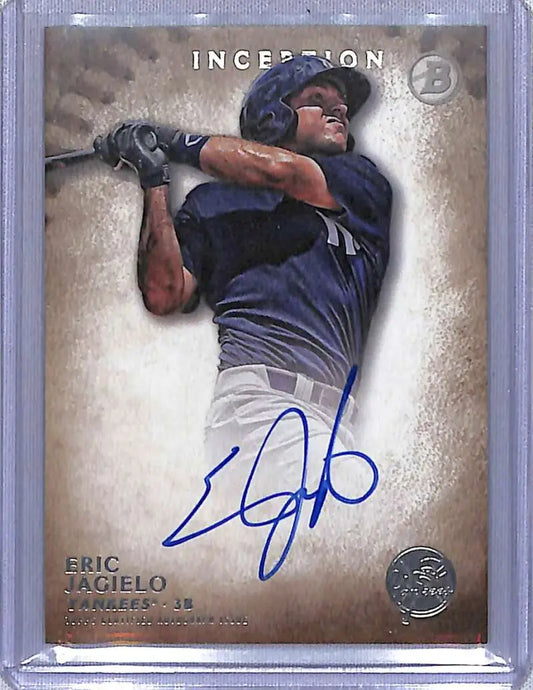 Baseball card featuring autographed Eric Jagielo photo from 2015 Bowman Inception