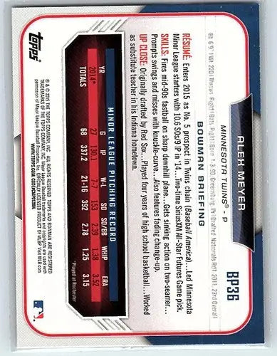 2015 Bowman Prospects BP36 Alex Meyer rookie baseball card Twins ID 19491