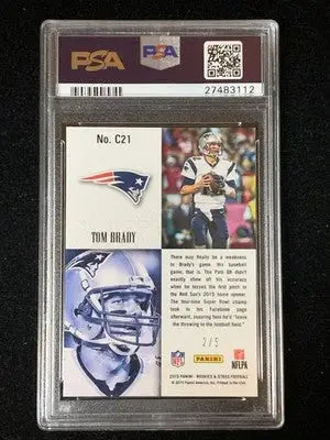 Encased Tom Brady football trading card from Panini Crusade C21 Green PSA 10 Gem Mint