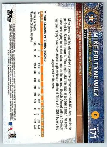 Baseball card back of 2015 Topps #171 Mike Foltynewicz Rookie Astros original gloss