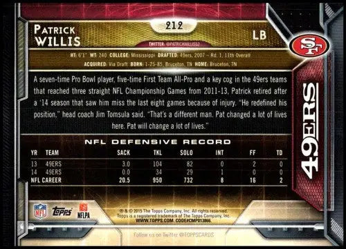 2015 Topps #212 Patrick Willis NM-MT 49ers - Trading Cards