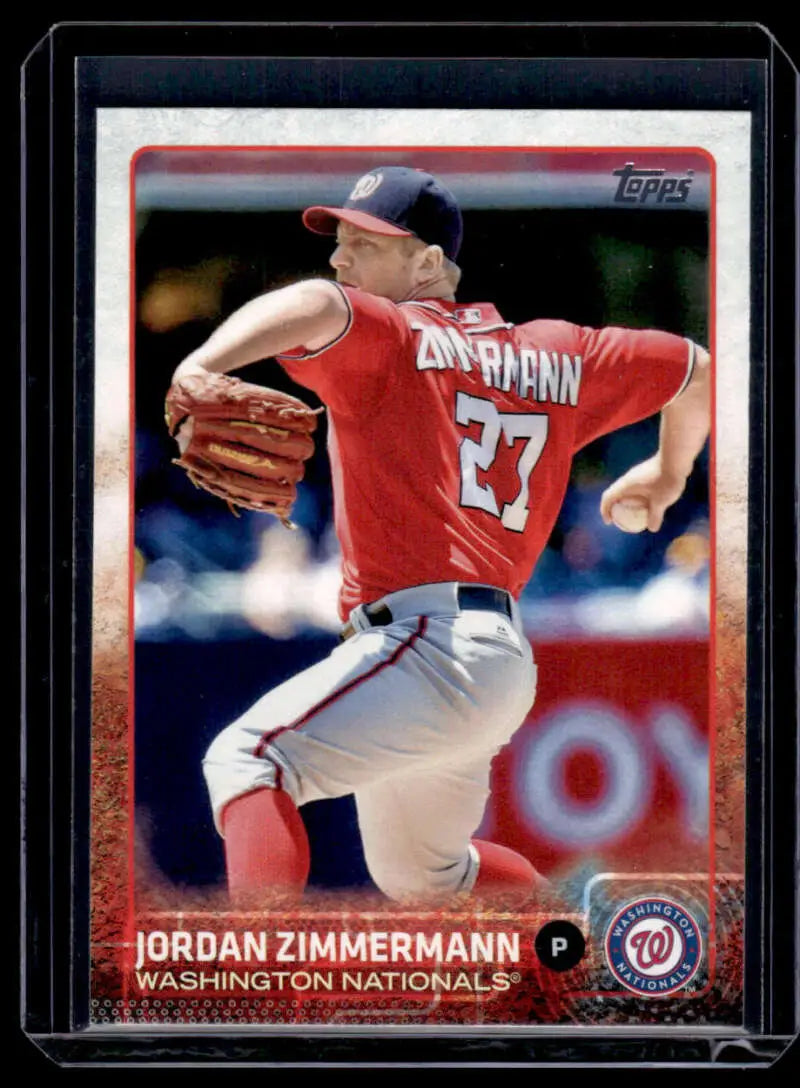 Jordan Zimmermann mid-throw in red jersey on 2015 Topps Washington Nationals Baseball Card