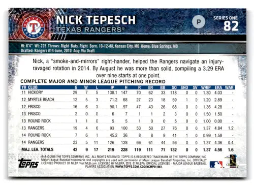 Original gloss 2015 Topps Nick Tepesch NM-MT baseball card Rangers ID 73155