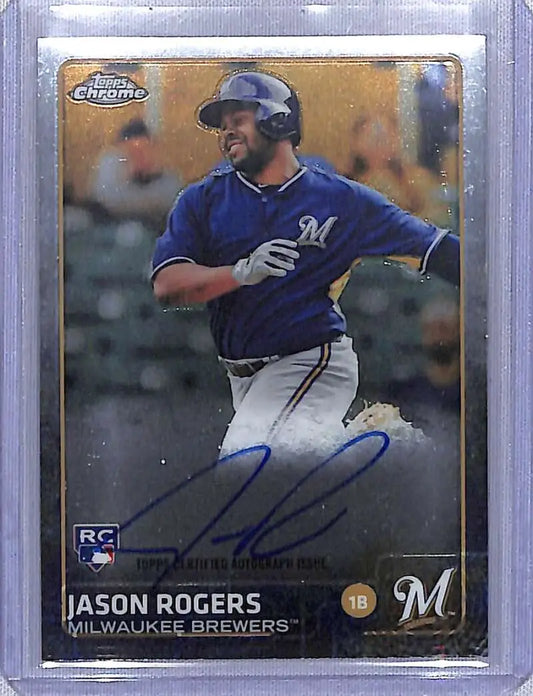 Signed Jason Rogers autographed baseball card in navy blue Milwaukee Brewers uniform