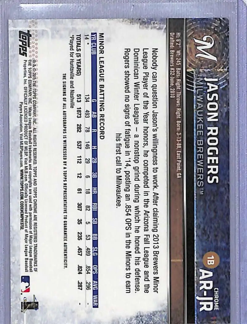 Back side of 2015 Topps Chrome Jason Rogers autographed baseball card showing stats