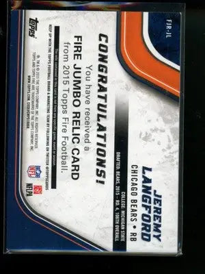 Jeremy Langford football card with jumbo relic from 2015 Topps Fire series