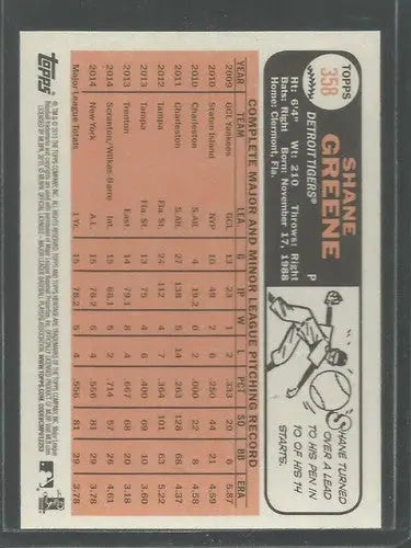 Shane Greene baseball card back from 2015 Topps Heritage with original gloss