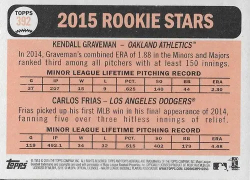 Original gloss baseball card back from Topps Heritage featuring Carlos Frias rookie ID 71935