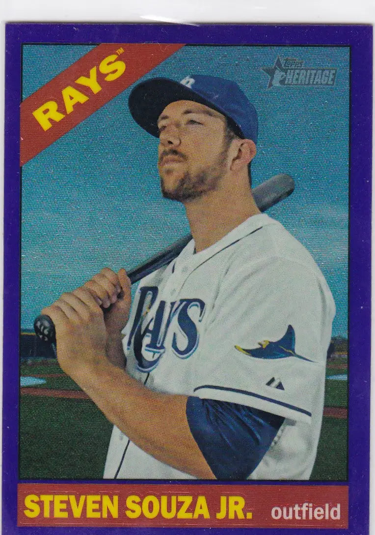 Purple Chrome Tampa baseball card of Steven Souza Jr. in Rays uniform with bat