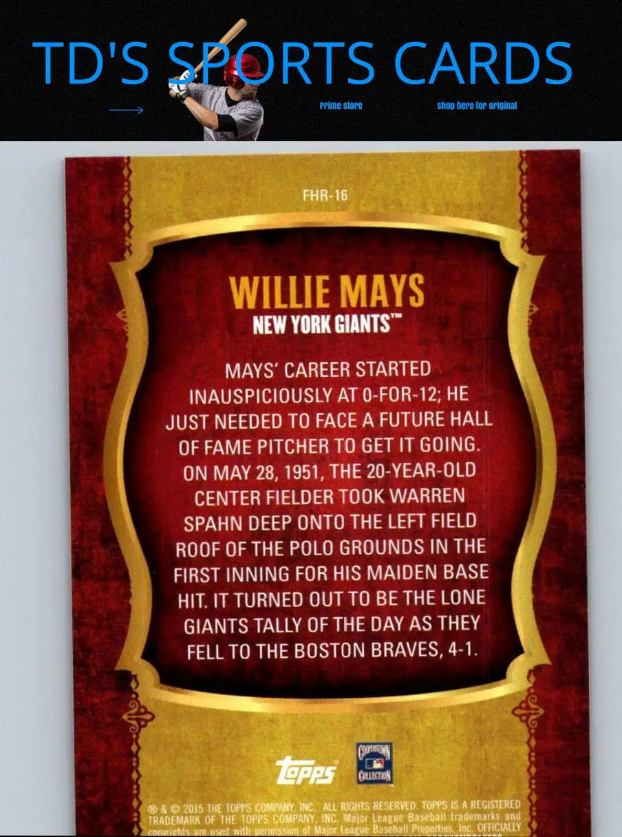 Willie Mays baseball card from 2015 Topps Update showcasing first home run memorabilia