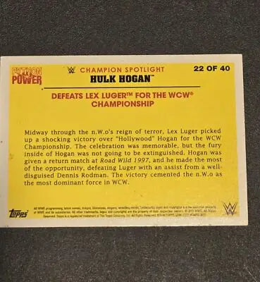 Hulk Hogan wrestling card from 2015 Topps WWE Road to WrestleMania defeating Lex Luger