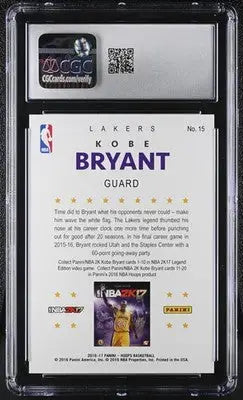Graded Panini Hoops Kobe Bryant basketball trading card displayed in 2016-17 Panini Hoops Kobe collection