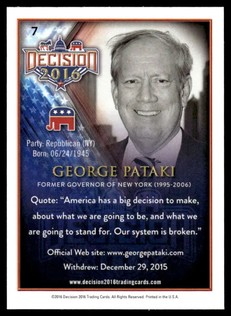 2016 Leaf Decision trading card featuring George Pataki, former Governor of New York