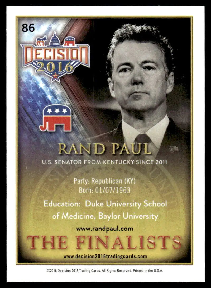 Rand Paul Political Trading Card from Leaf Decision 2016 series featuring Republican Senator