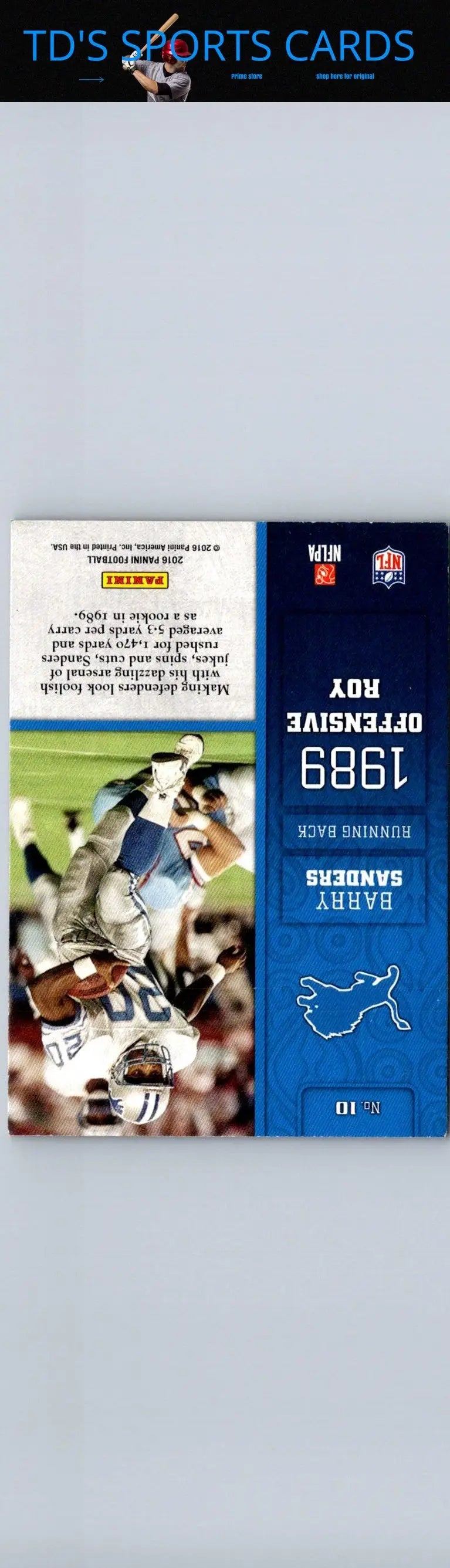 Vertical football trading card of Barry Sanders from 2016 Panini Sanders Decorated featuring 1989 Offensive Rookie of the Year award