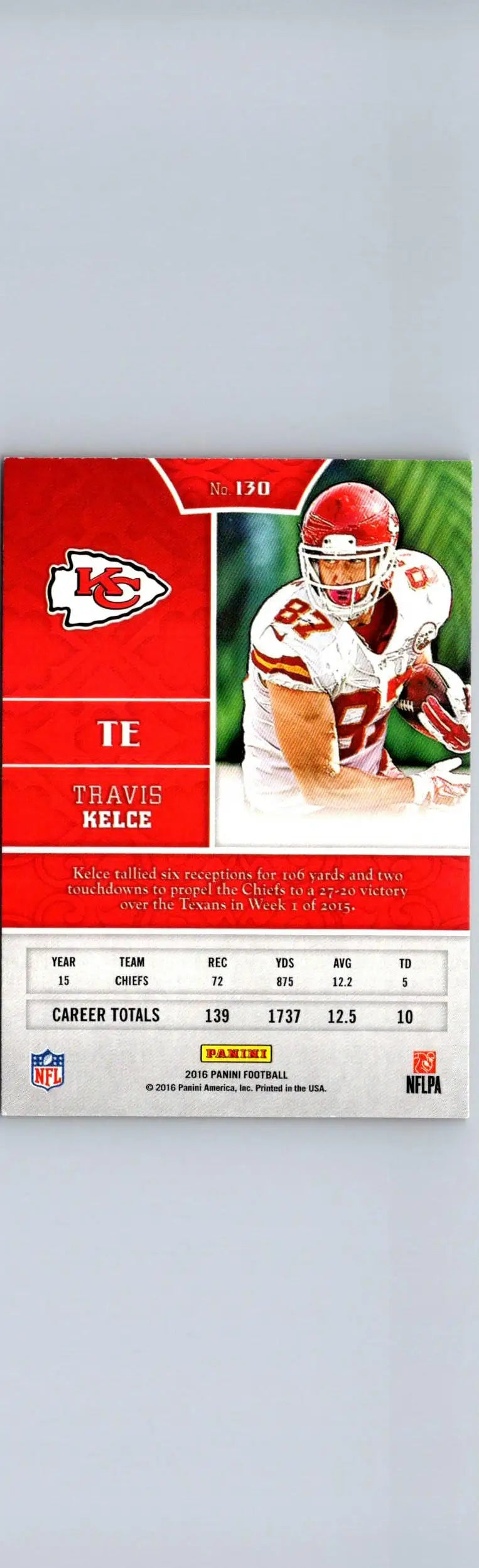 Travis Kelce football card from 2016 Panini #130 featuring NFL star player