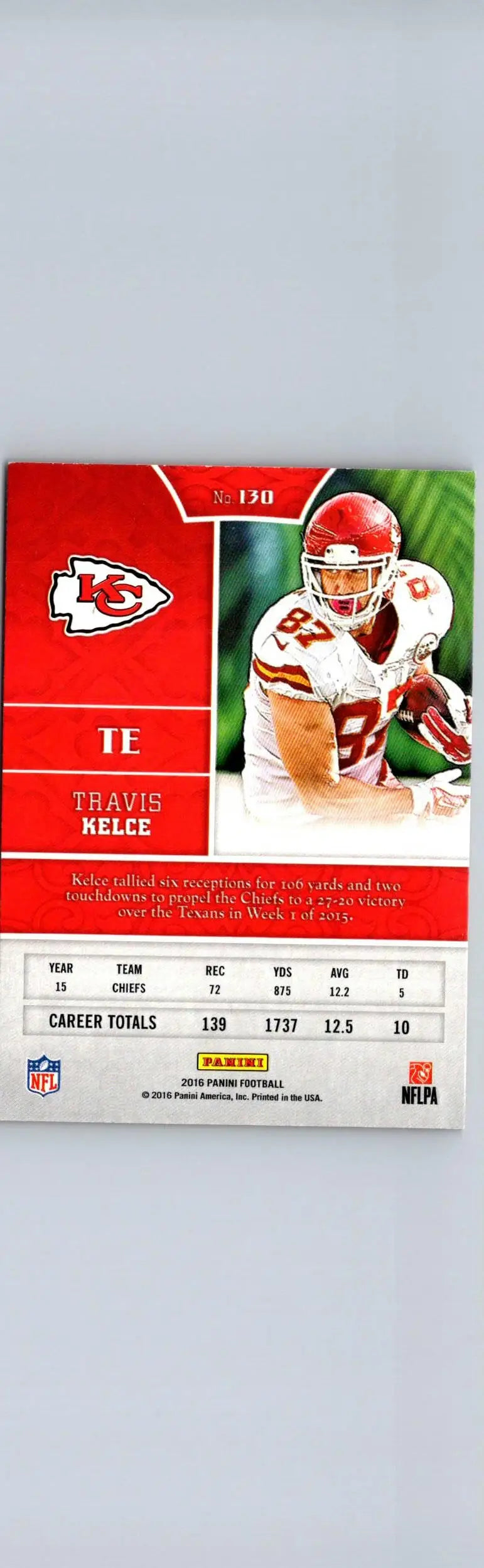 Travis Kelce football card from 2016 Panini series, collectible sports card