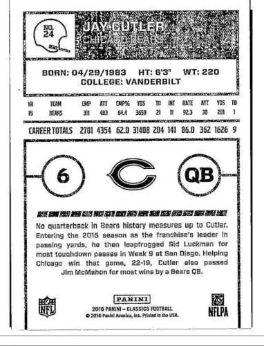 Jay Cutler football card from 2016 Panini Classics with original gloss in NM-MT condition