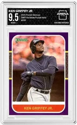 Graded Panini Donruss Ken Griffey Jr variation purple holo baseball card displayed in product