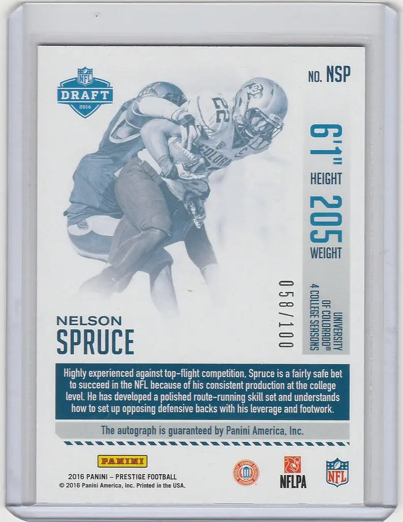 Football trading card of Nelson Spruce with Los Angeles Rams from Panini Prestige Auto
