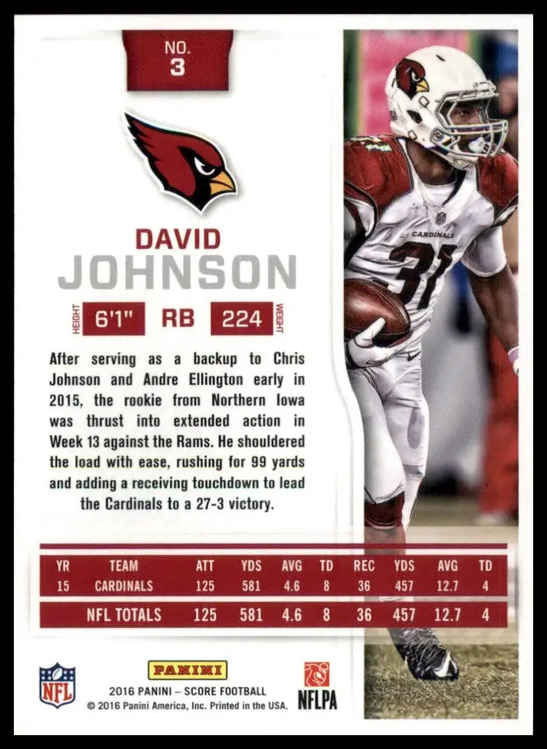 2016 Panini Score Football David Johnson trading card from 2016 Score NFL series