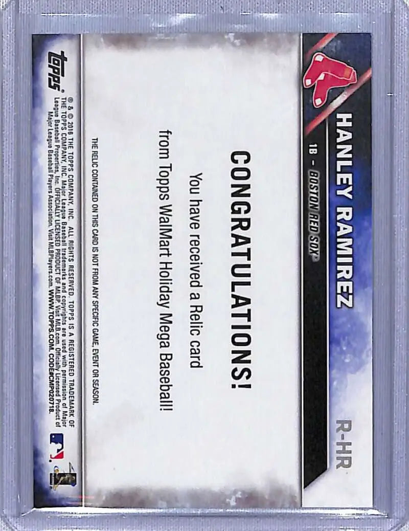Back of 2016 Topps Holiday Hanley Ramirez baseball card displaying CONGRATULATIONS text