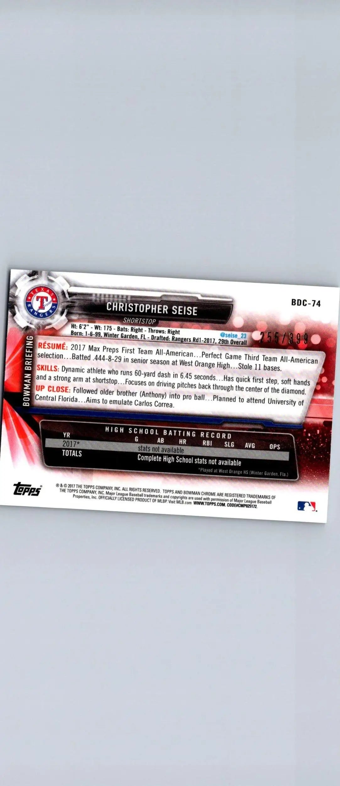 Back of 2017 Bowman Draft Christopher Seise Chrome Sky Blue Refractor baseball card