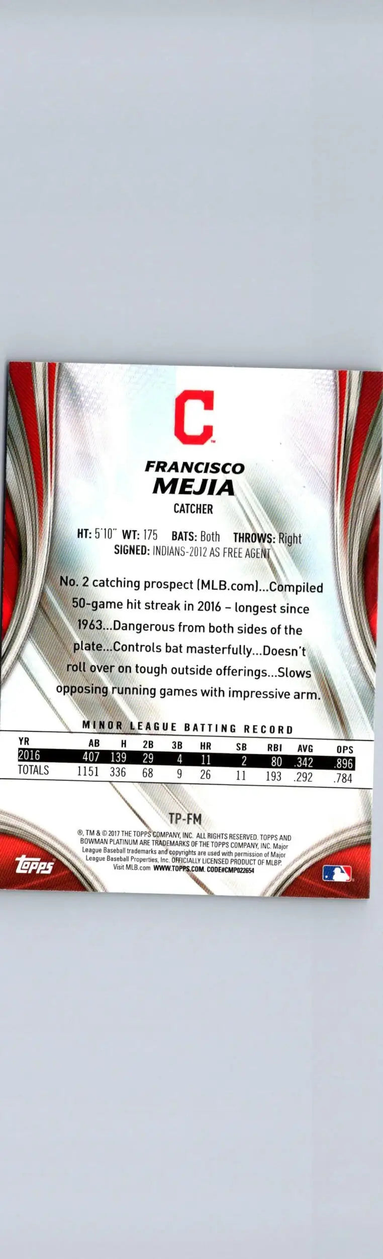 Baseball card back featuring Francisco Mejia Bowman Platinum Top Prospects Ice