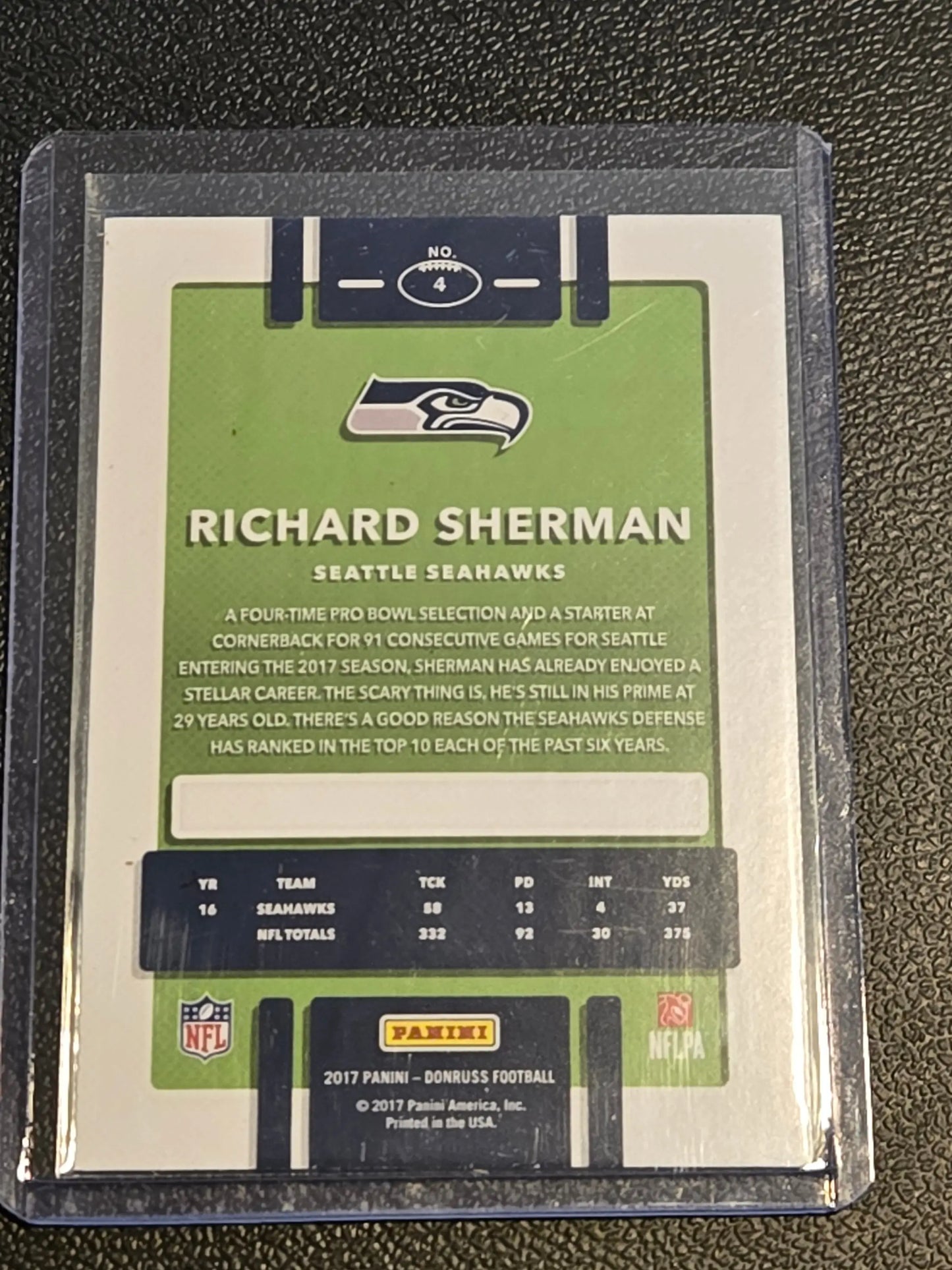 2017 Donruss Richard Sherman football card showcasing NFL cornerback talent