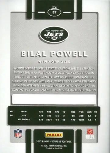 Bilal Powell football card 2017 Donruss #97 NM-MT original gloss NY Jets collectible
