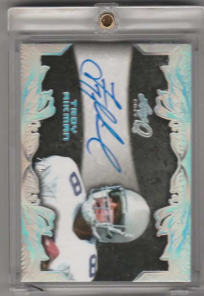Signed football card auto Troy Aikman in white uniform, number 8, Dallas Cowboys