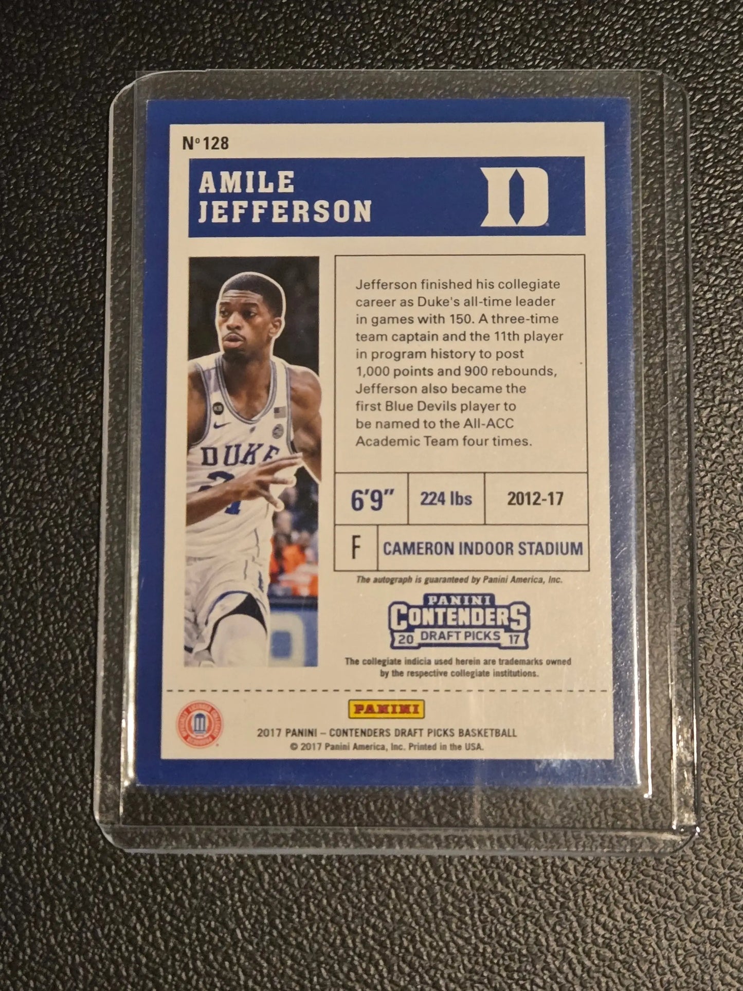 Basketball trading card in protective sleeve featuring Amile Jefferson from Panini Contenders Draft Picks