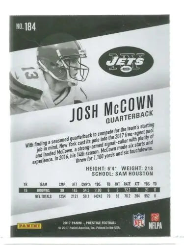 Original gloss 2017 Panini Prestige #184 Josh McCown football card from NY Jets