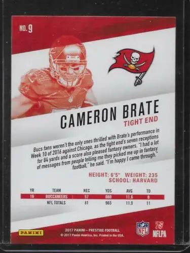 Cameron Brate football card 2017 Panini Prestige original gloss Buccaneers collectible